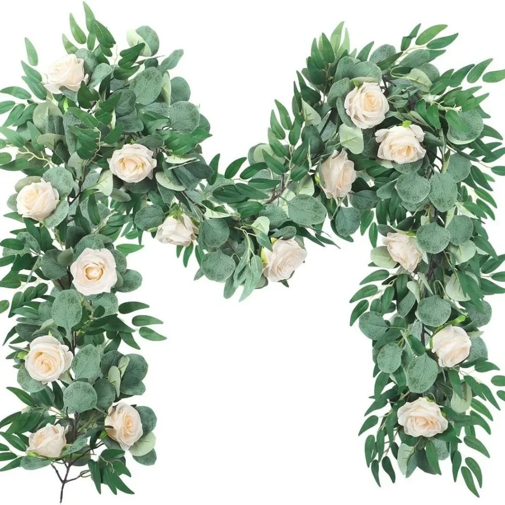 Eucalyptus Garland 6.56 Ft Artificial Greenery with Willow Leaves Roses Lush
